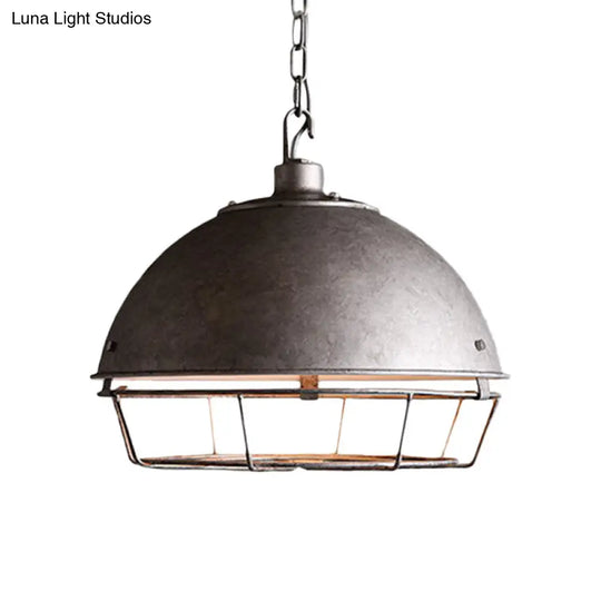 Farmhouse Pendant Lamp With Iron Dome Black/Rust/Silver Finish - 1 Bulb Hanging Light Cage For