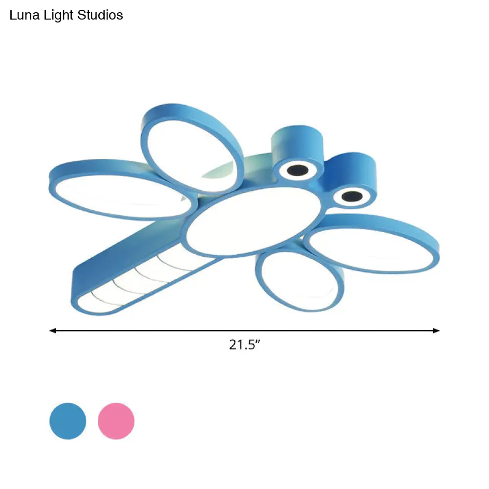 Iron Dragonfly Flush - Mount Cartoon Led Ceiling Light - Pink/Blue With Warm/White Lighting