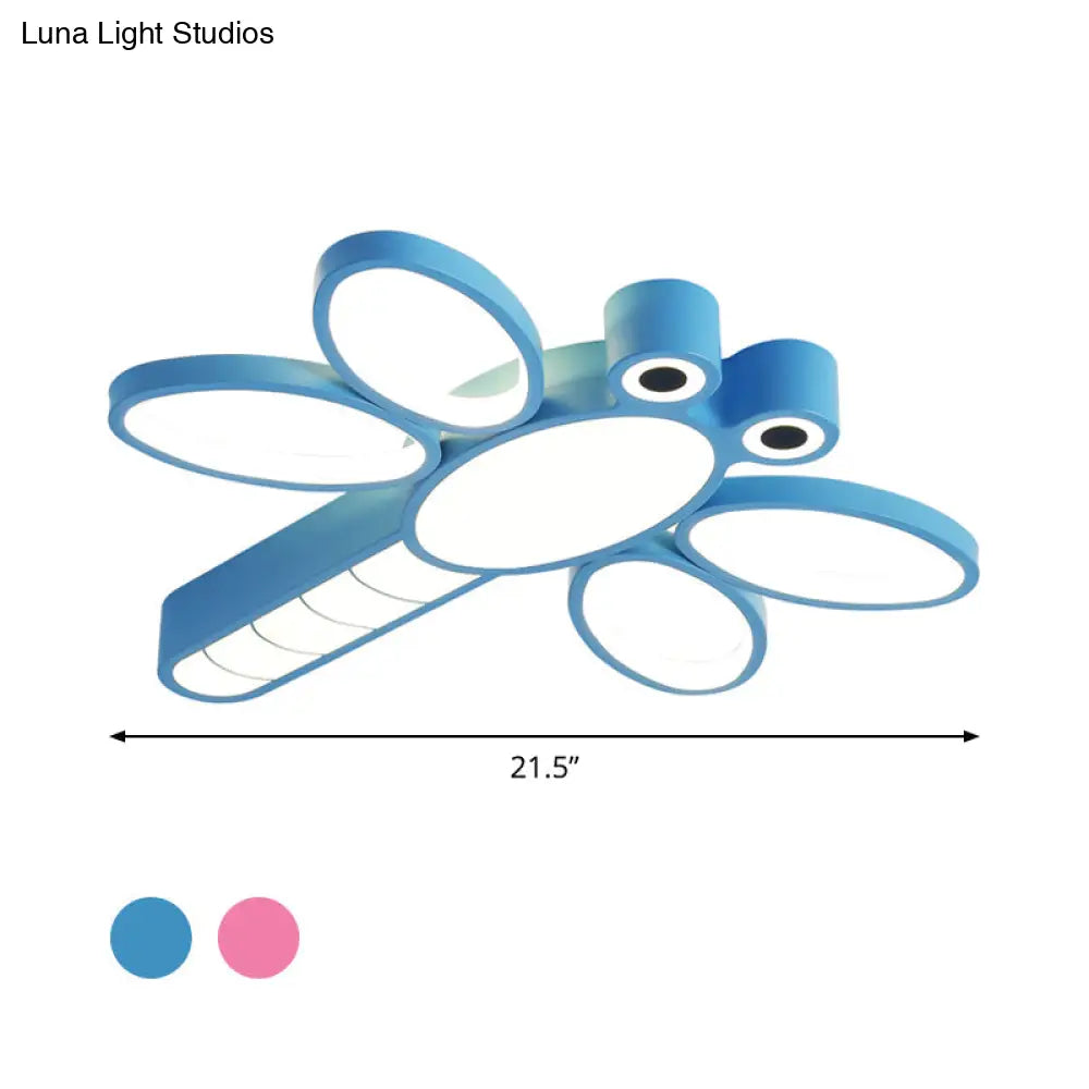 Iron Dragonfly Flush-Mount Cartoon Led Ceiling Light - Pink/Blue With Warm/White Lighting