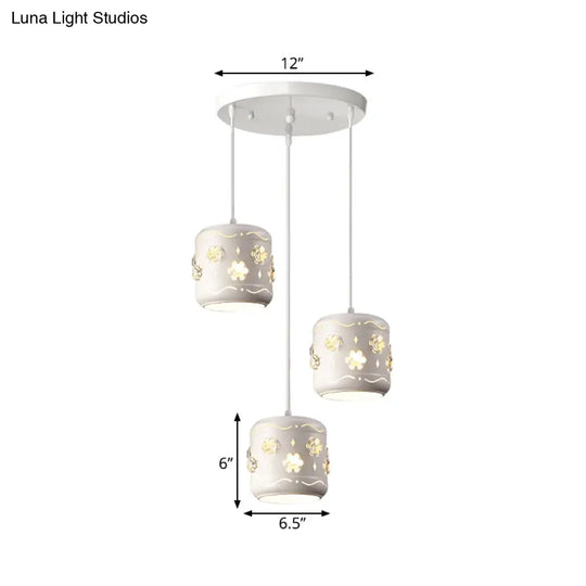 Iron Drum 3-Light Pendant Lamp Fixture - Modern White Ceiling Light With Flower Crystal Encrusted