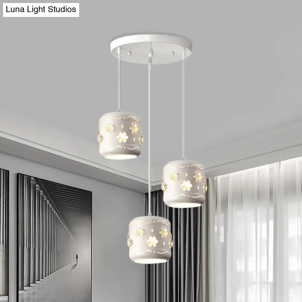 Modern 3-Light White Ceiling Pendant Lamp With Flower Crystal Design