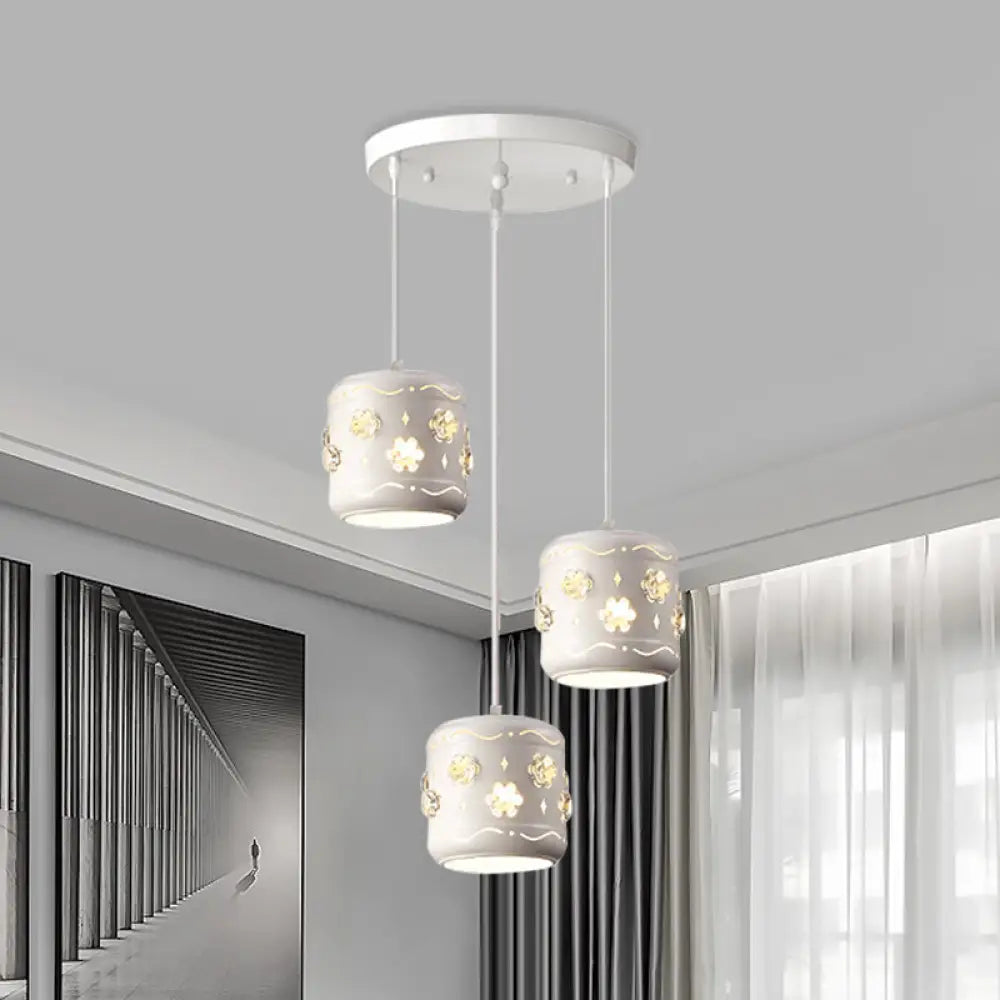 Iron Drum 3-Light Pendant Lamp Fixture - Modern White Ceiling Light With Flower Crystal Encrusted