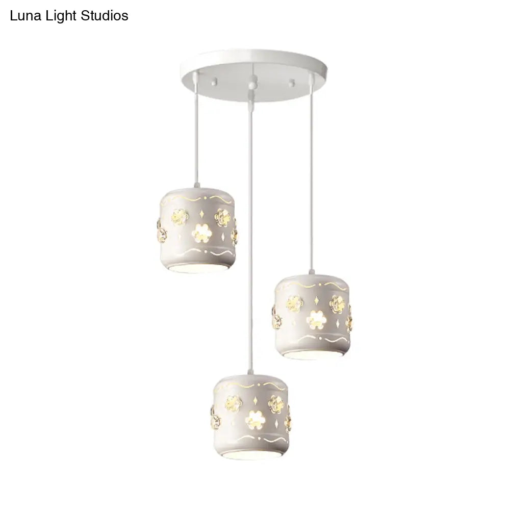 Iron Drum 3-Light Pendant Lamp Fixture - Modern White Ceiling Light With Flower Crystal Encrusted