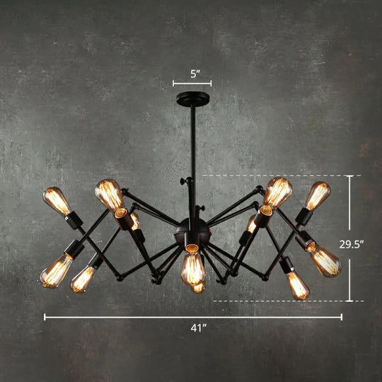 Iron Exposed Bulb Chandelier - Loft Style Restaurant Hanging Lamp With Swing Arm In Black 12 /