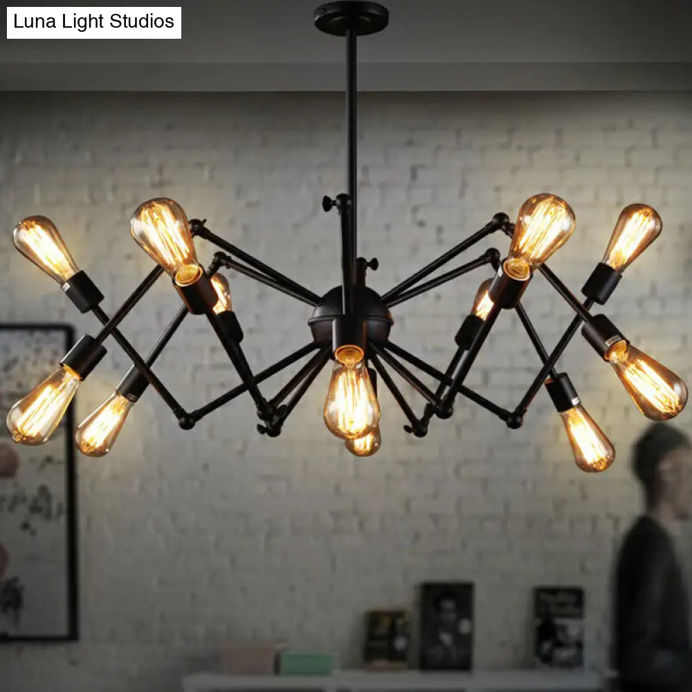 Black Iron Swing Arm Chandelier - Loft Style Restaurant Hanging Lamp With Exposed Bulb Lighting