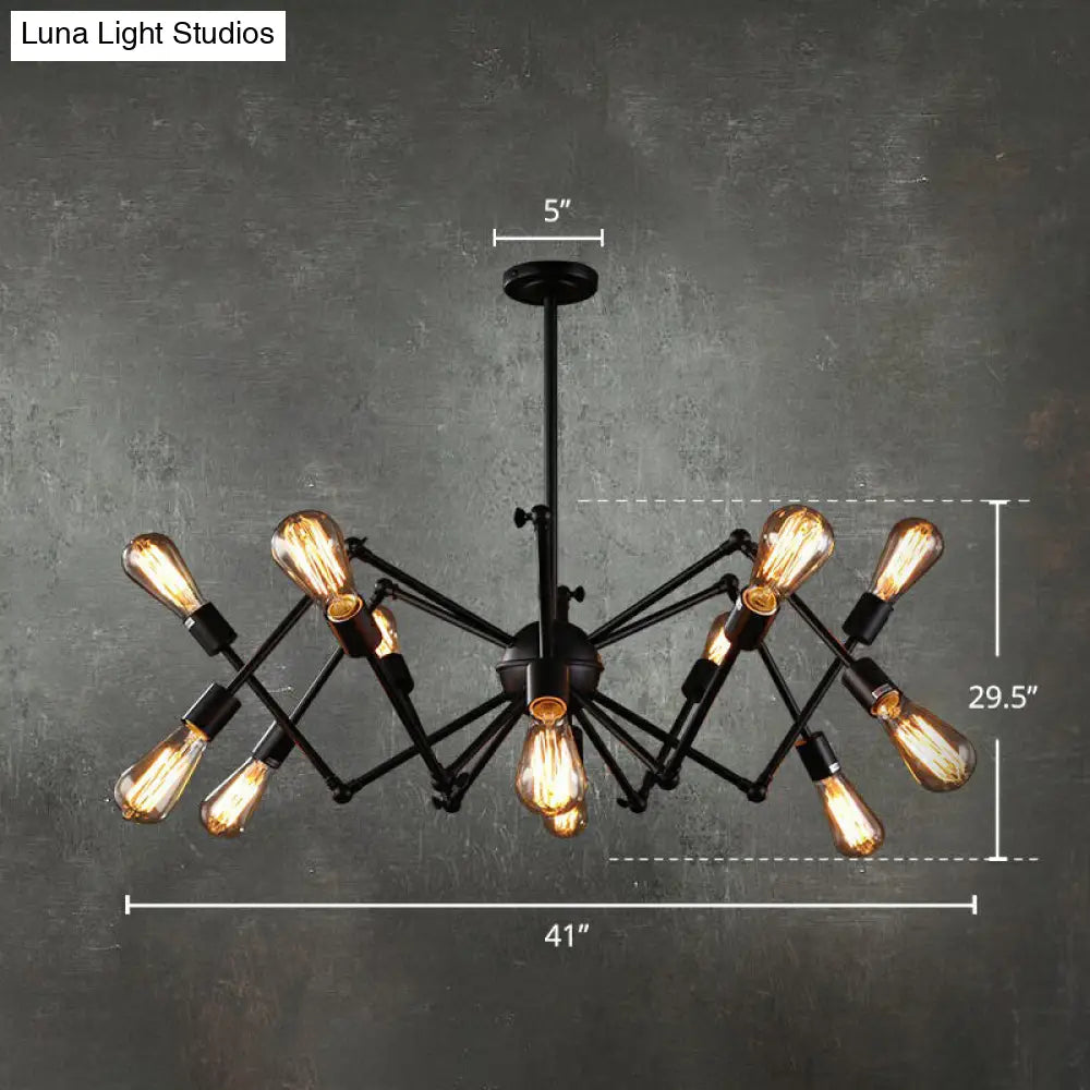 Black Iron Swing Arm Chandelier - Loft Style Restaurant Hanging Lamp With Exposed Bulb Lighting 12 /