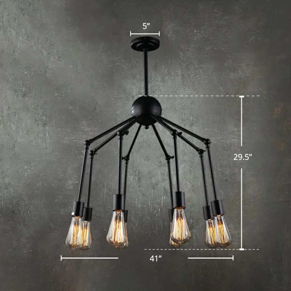 Iron Exposed Bulb Chandelier - Loft Style Restaurant Hanging Lamp With Swing Arm In Black 8 /