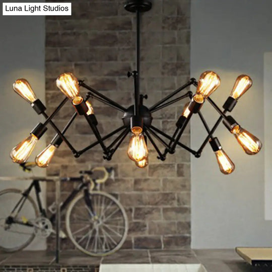 Black Iron Swing Arm Chandelier - Loft Style Restaurant Hanging Lamp With Exposed Bulb Lighting