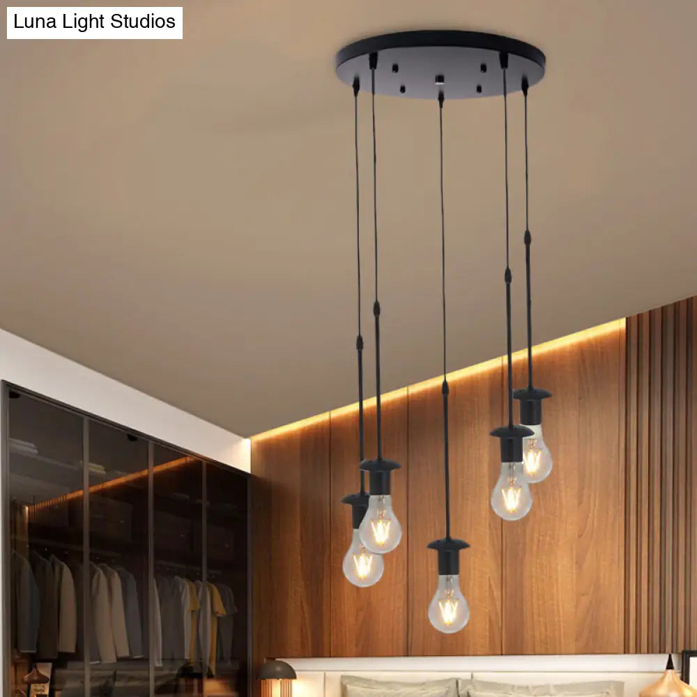 Iron Exposed Bulb Ceiling Light With 5/10 Heads In Black - Perfect For Loft Bistro And More