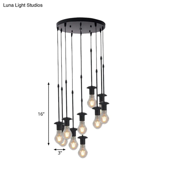 Iron Exposed Bulb Ceiling Light With 5/10 Heads In Black - Perfect For Loft Bistro And More