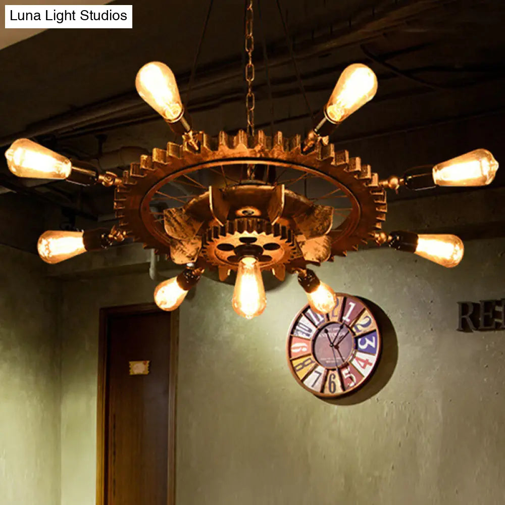 9-Head Industrial Pendant Chandelier With Iron Gear Design - Ideal For Restaurant And Kitchen Tables