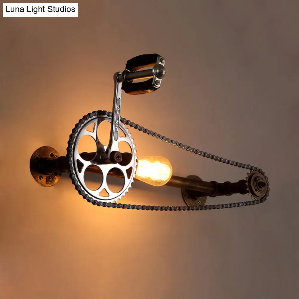 Iron Gear Bike Wall Lamp - 1 Light Restaurant Mounted In Bronze With Pipe Arm