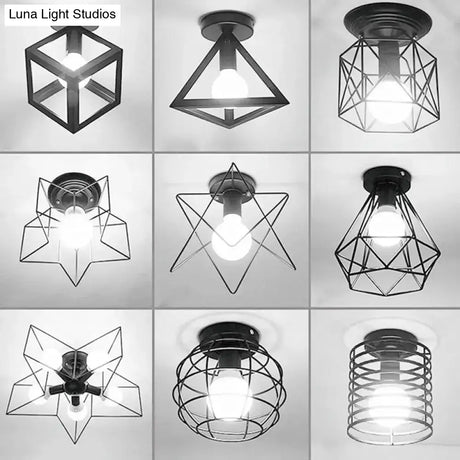 Iron Geometric Cage Flush Mount Lighting - Nordic Style 5-Head Fixture Black Ideal For Corridors