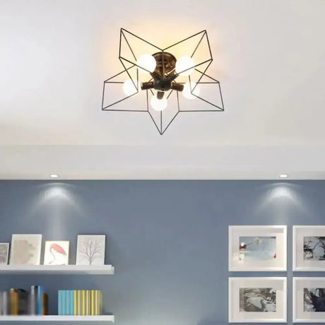 Iron Geometric Cage Flush Mount Lighting - Nordic Style 5-Head Fixture Black Ideal For Corridors / B