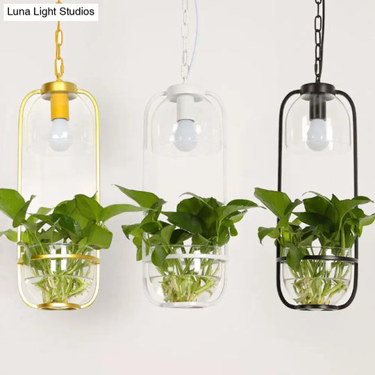 Iron Hanging Farmhouse Led Pendant Lamp In Black/White/Gold With Warm/White Lighting And Plant Pot