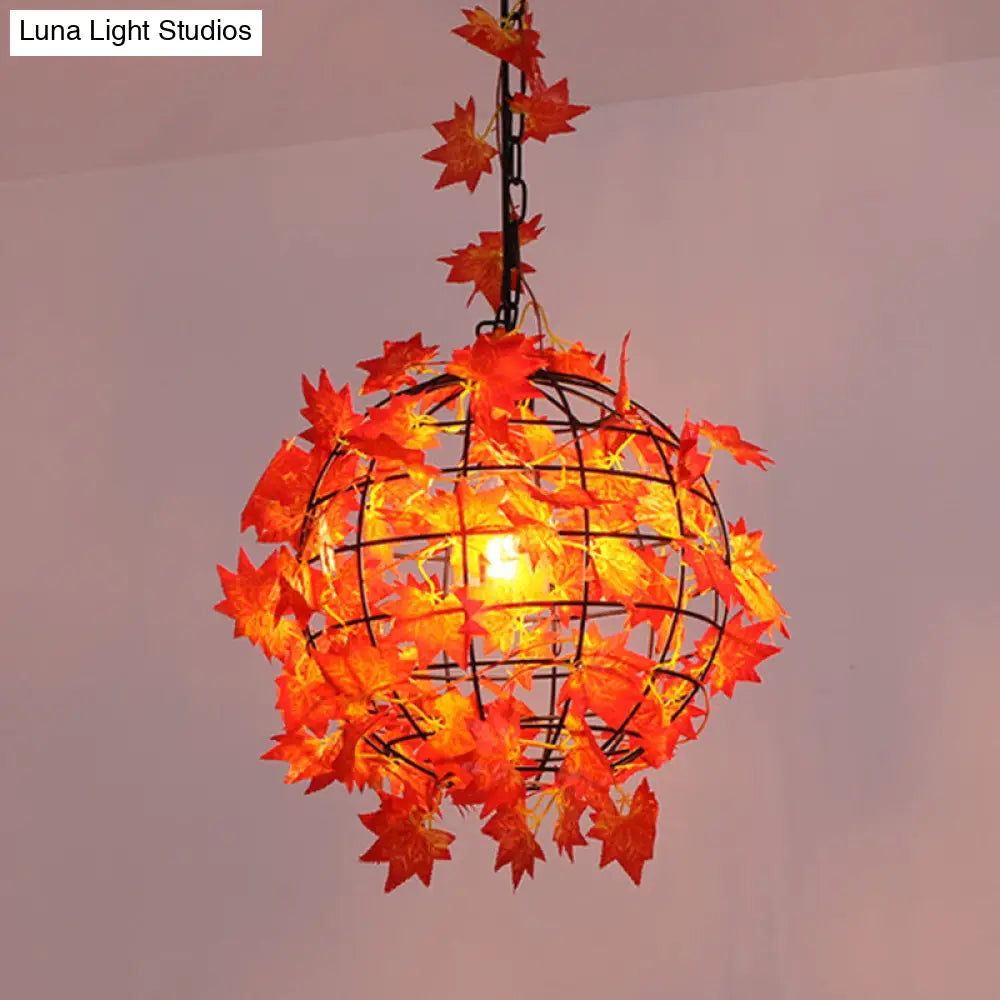 Industrial Hanging Pendant Light With Artificial Plant - Single Iron Globe Ceiling