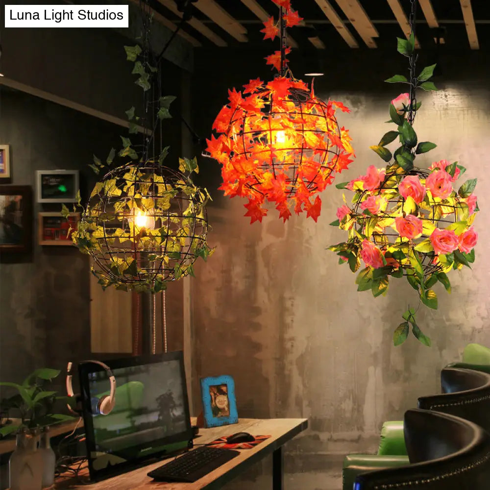 Iron Hanging Pendant Light With Artificial Plant - Industrial Globe Ceiling Fixture