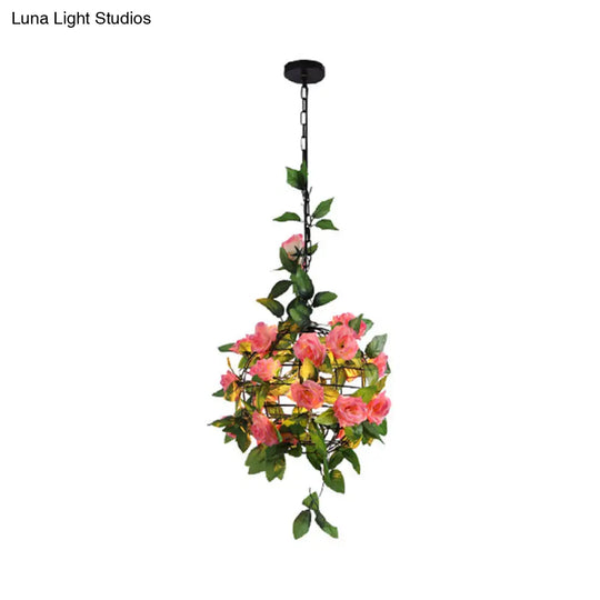 Industrial Hanging Pendant Light With Artificial Plant - Single Iron Globe Ceiling