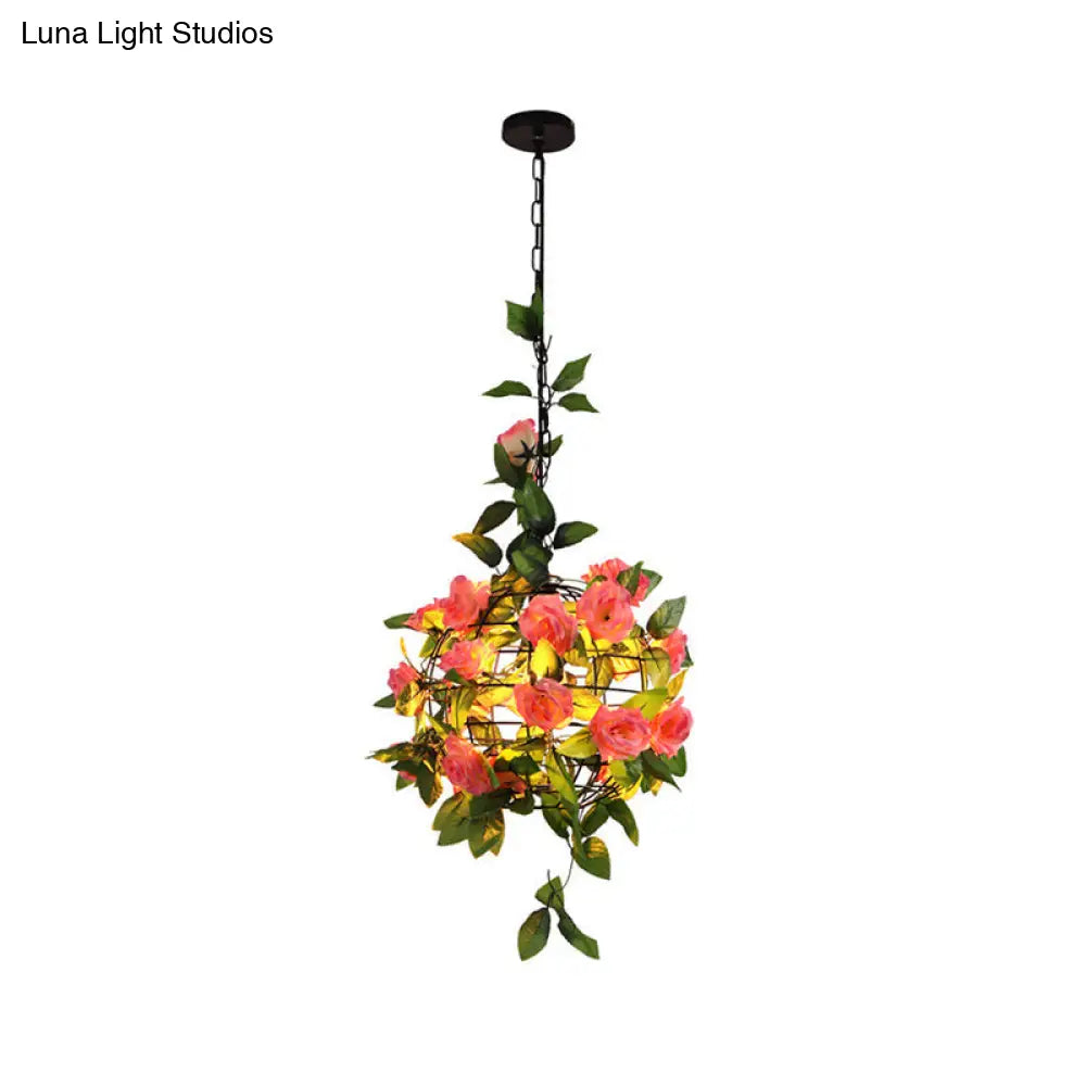 Industrial Hanging Pendant Light With Artificial Plant - Single Iron Globe Ceiling Pink-Green