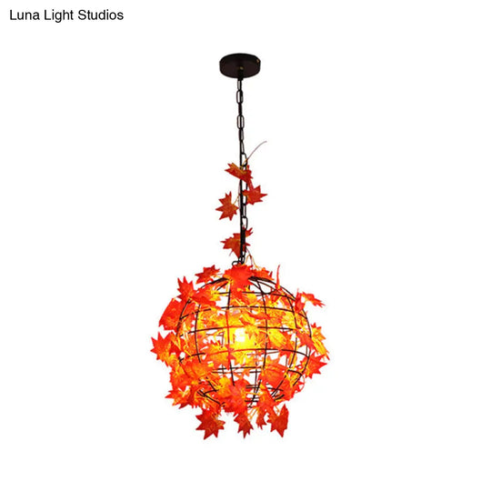 Industrial Hanging Pendant Light With Artificial Plant - Single Iron Globe Ceiling Red