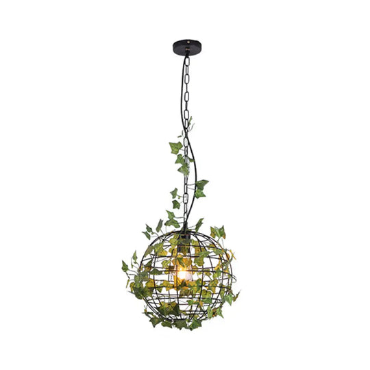 Iron Hanging Pendant Light With Artificial Plant - Industrial Globe Ceiling Fixture Green