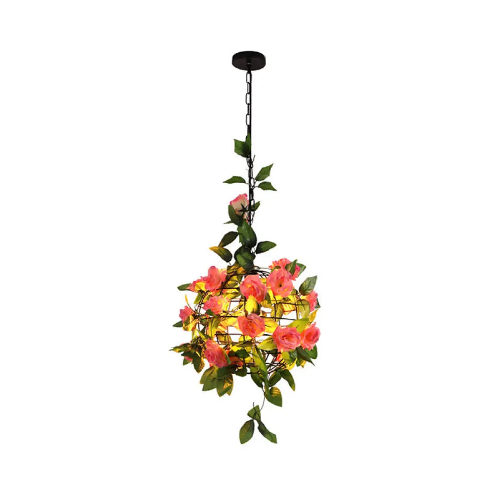 Iron Hanging Pendant Light With Artificial Plant - Industrial Globe Ceiling Fixture Pink-Green