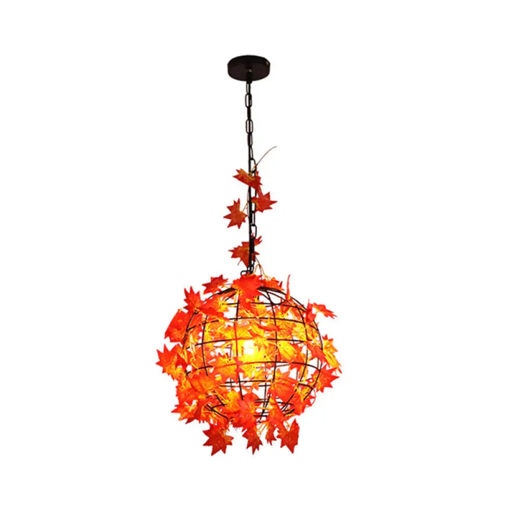 Iron Hanging Pendant Light With Artificial Plant - Industrial Globe Ceiling Fixture Red