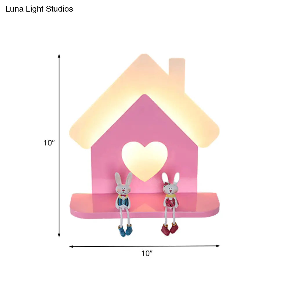 Iron House Kids Led Pink Wall Lamp With Heart Pattern In White/3 Color Light - Sconce