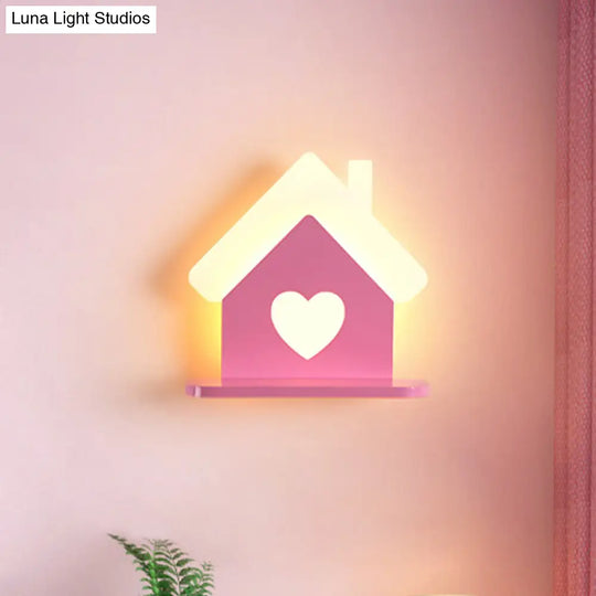 Iron House Kids Led Pink Wall Lamp With Heart Pattern In White/3 Color Light - Sconce