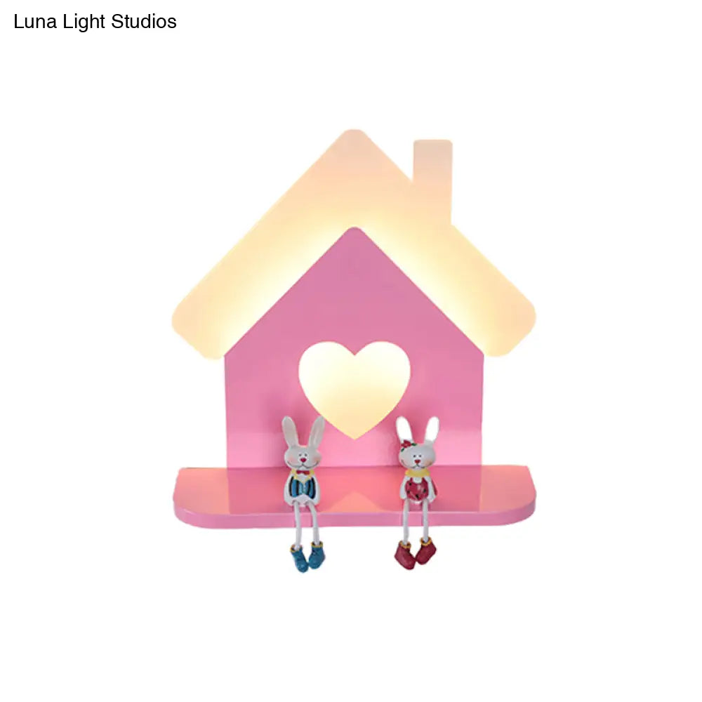 Iron House Kids Led Pink Wall Lamp With Heart Pattern In White/3 Color Light - Sconce