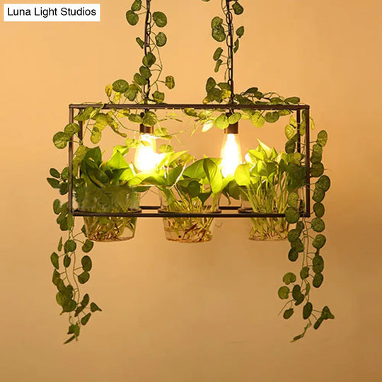 Iron Industrial 2-Head Black Island Pendant Light With Potted Plant - Rectangular Design