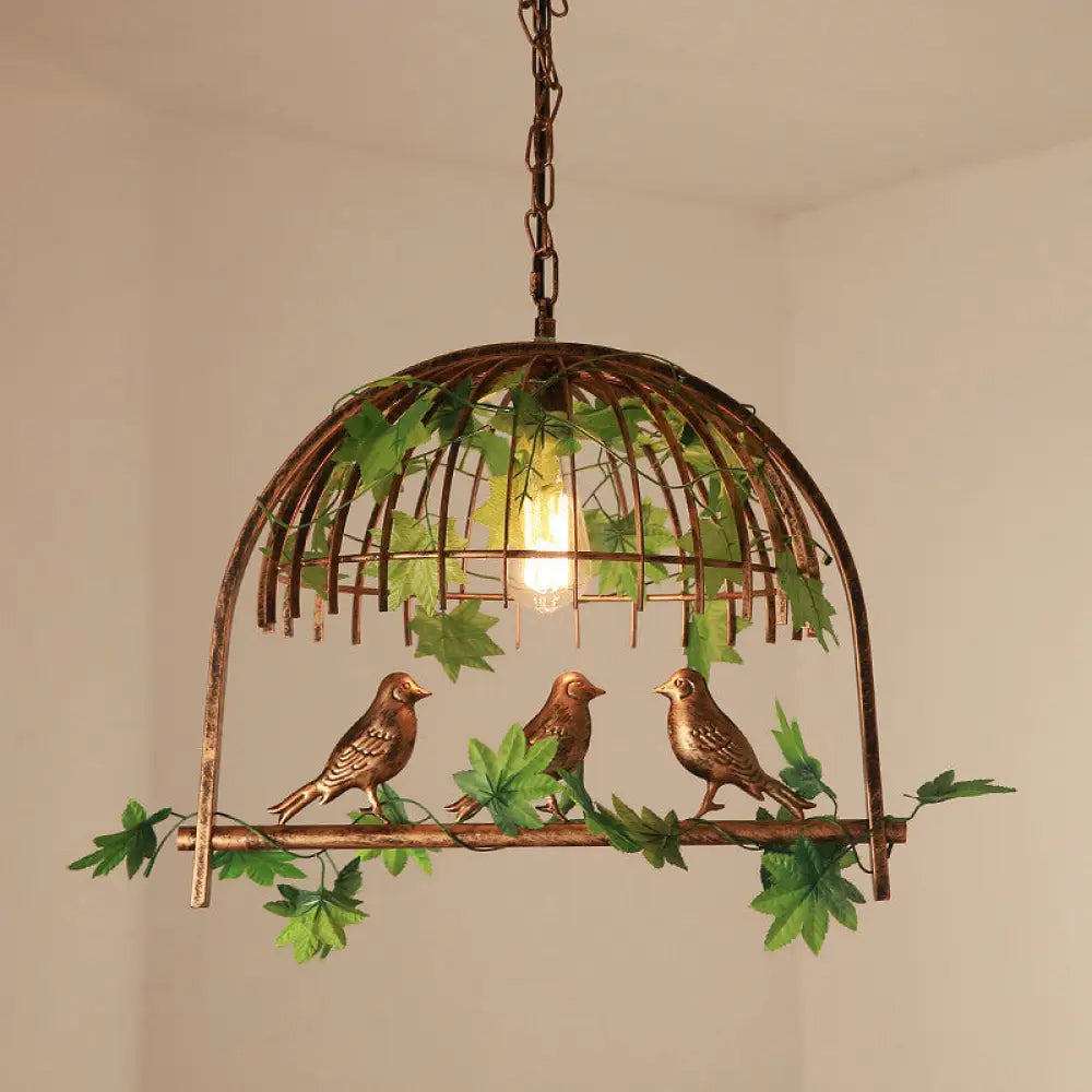 Iron Industrial Bird Cage Pendant Light With Ivy Decor In Rust For Restaurant / 19.5’