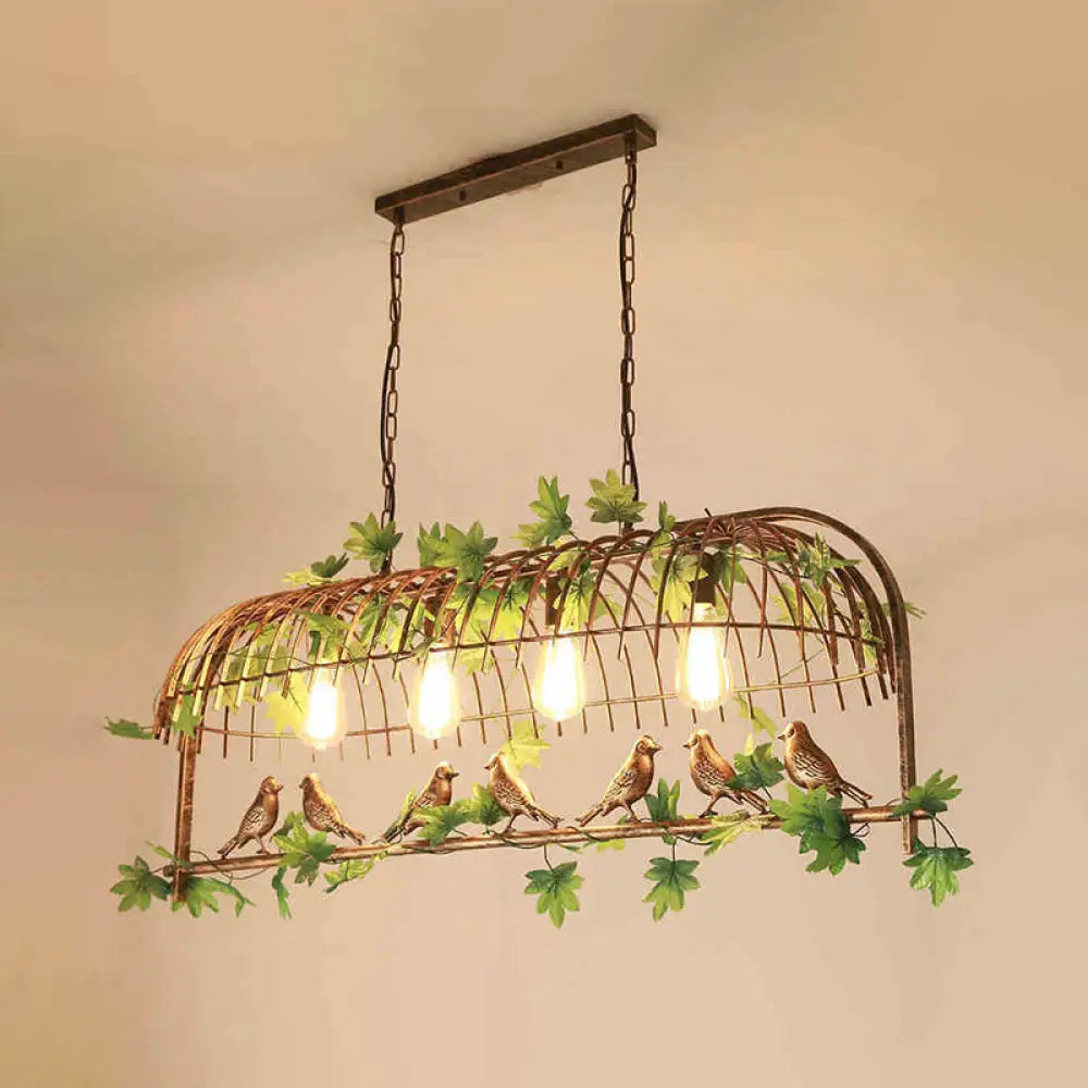 Iron Industrial Bird Cage Pendant Light With Ivy Decor In Rust For Restaurant / 41’