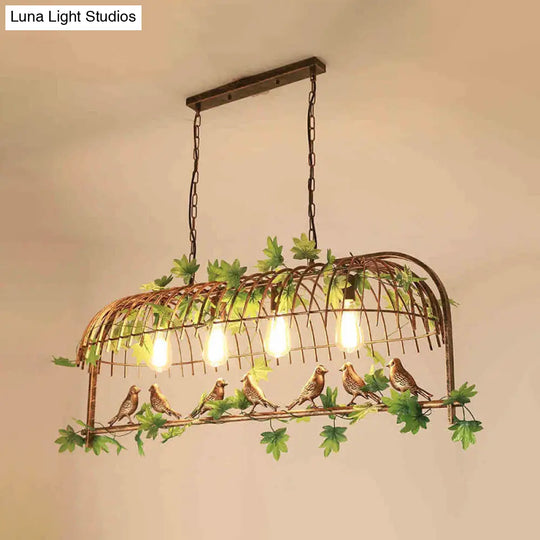 Rustic Iron Bird Cage Pendant Light With Ivy Decor - Industrial Hanging Island For Restaurants Rust