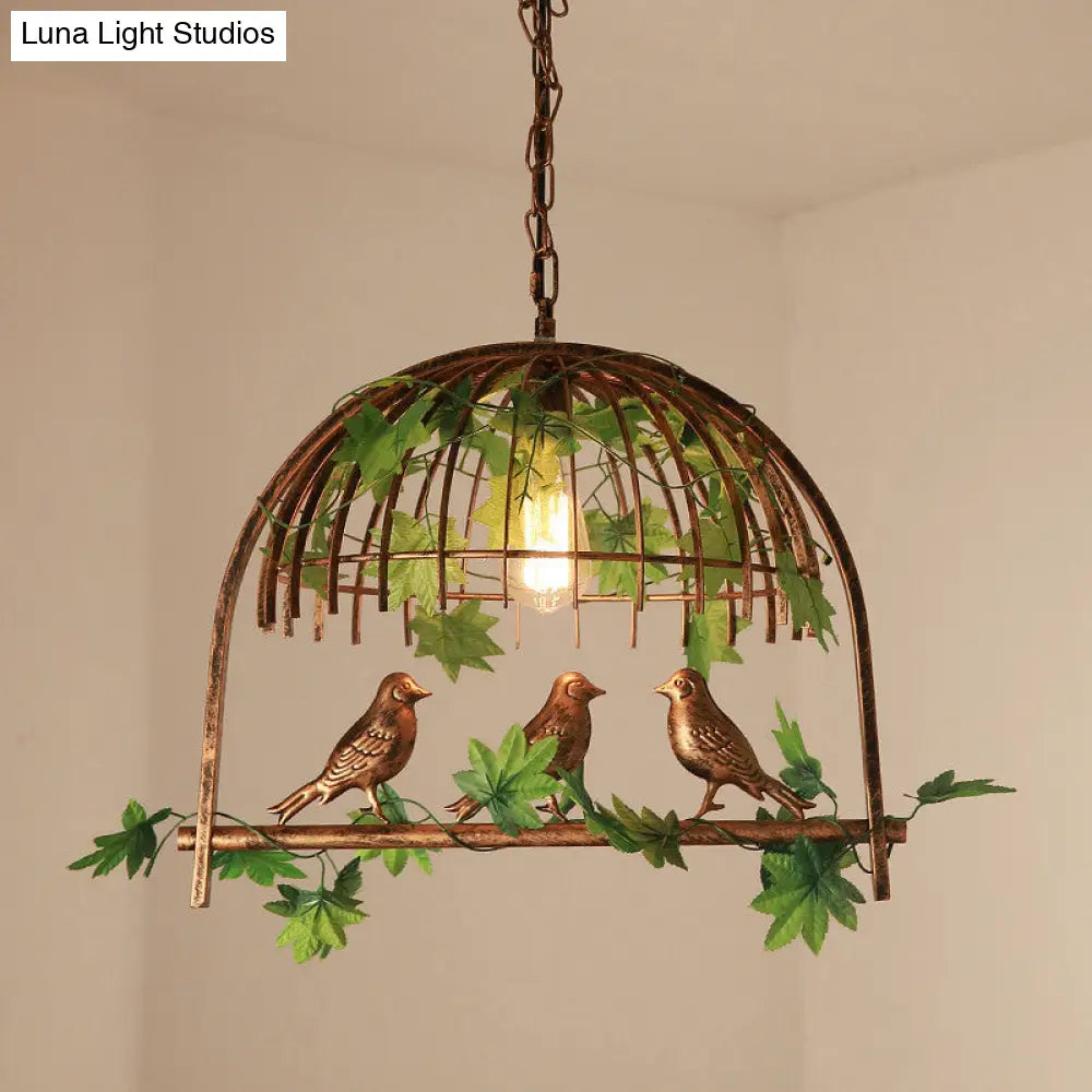 Rustic Iron Bird Cage Pendant Light With Ivy Decor - Industrial Hanging Island For Restaurants Rust