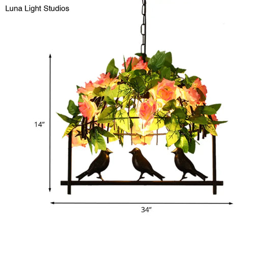 Iron Industrial Birdcage Island Pendant With Down Lighting And Rose Decoration - Black Finish