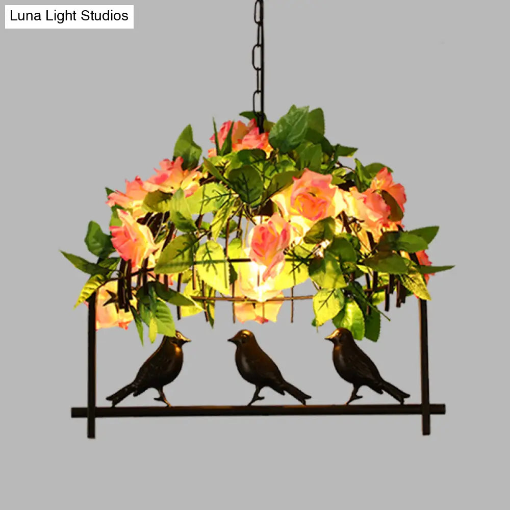 Iron Industrial Birdcage Island Pendant With Down Lighting And Rose Decoration - Black Finish