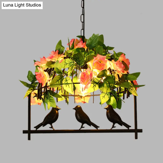 Iron Industrial Birdcage Island Pendant With Down Lighting And Rose Decoration - Black Finish