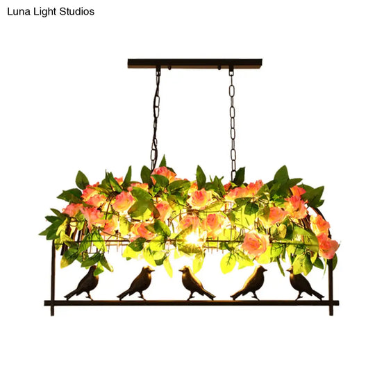 Iron Industrial Birdcage Island Pendant With Down Lighting And Rose Decoration - Black Finish