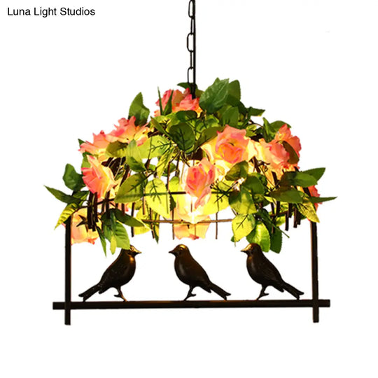 Iron Industrial Birdcage Island Pendant With Down Lighting And Rose Decoration - Black Finish