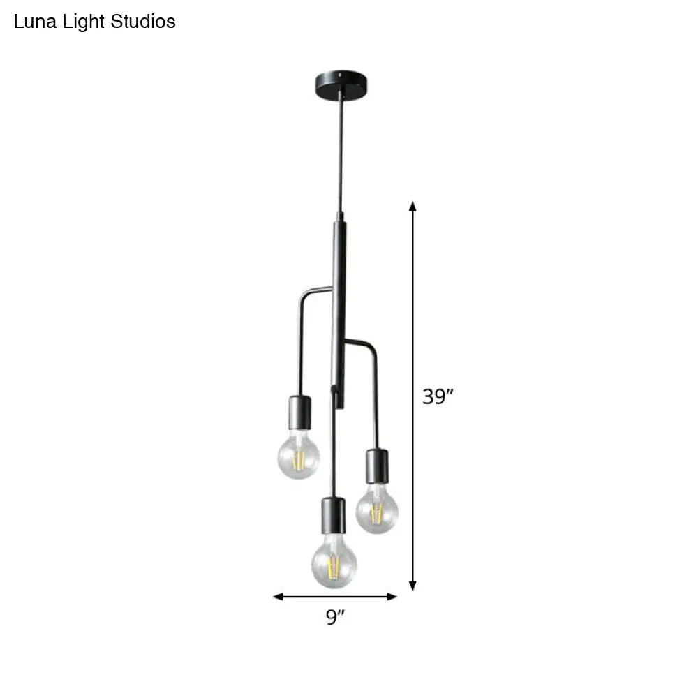 Industrial Iron Black Chandelier Pendant Light - 3 Heads Bare Bulb Hanging Lamp For Living Room