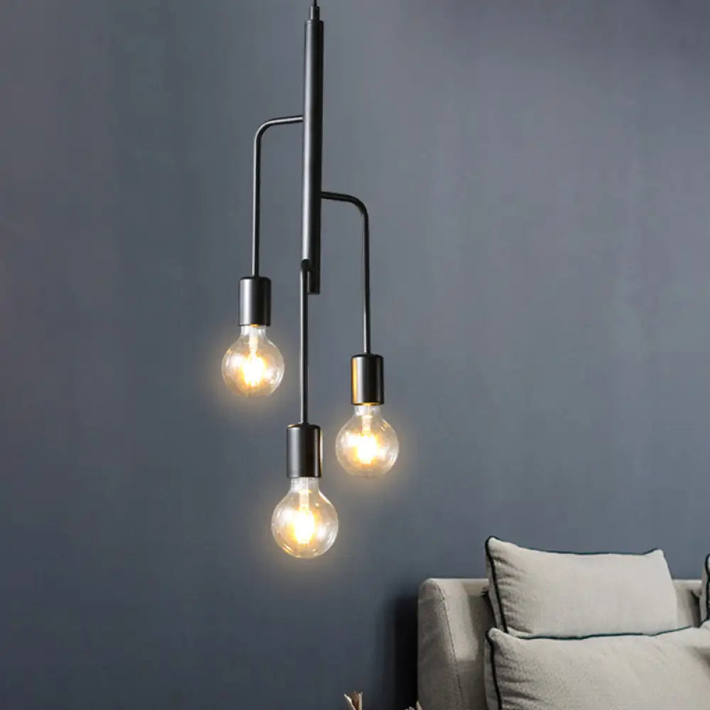 Iron Industrial Chandelier Pendant Light With Black Bare Bulb - 3 Heads Hanging Lamp For Living Room