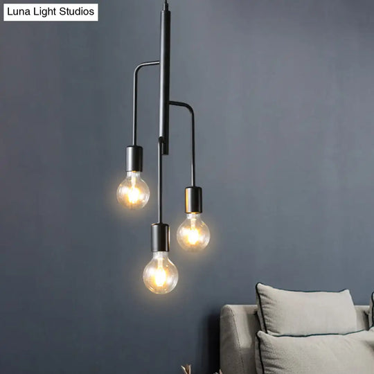 Industrial Iron Black Chandelier Pendant Light - 3 Heads Bare Bulb Hanging Lamp For Living Room