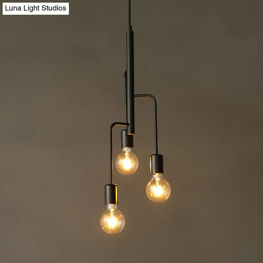 Iron Industrial Chandelier Pendant Light With Black Bare Bulb - 3 Heads Hanging Lamp For Living Room