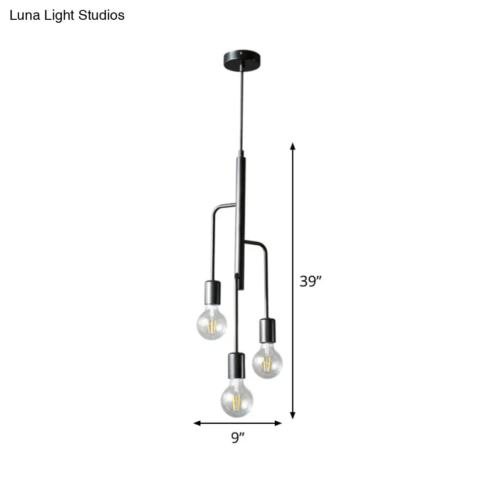 Iron Industrial Chandelier Pendant Light With Black Bare Bulb - 3 Heads Hanging Lamp For Living Room