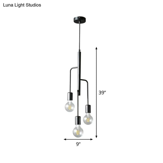 Iron Industrial Chandelier Pendant Light With Black Bare Bulb - 3 Heads Hanging Lamp For Living Room