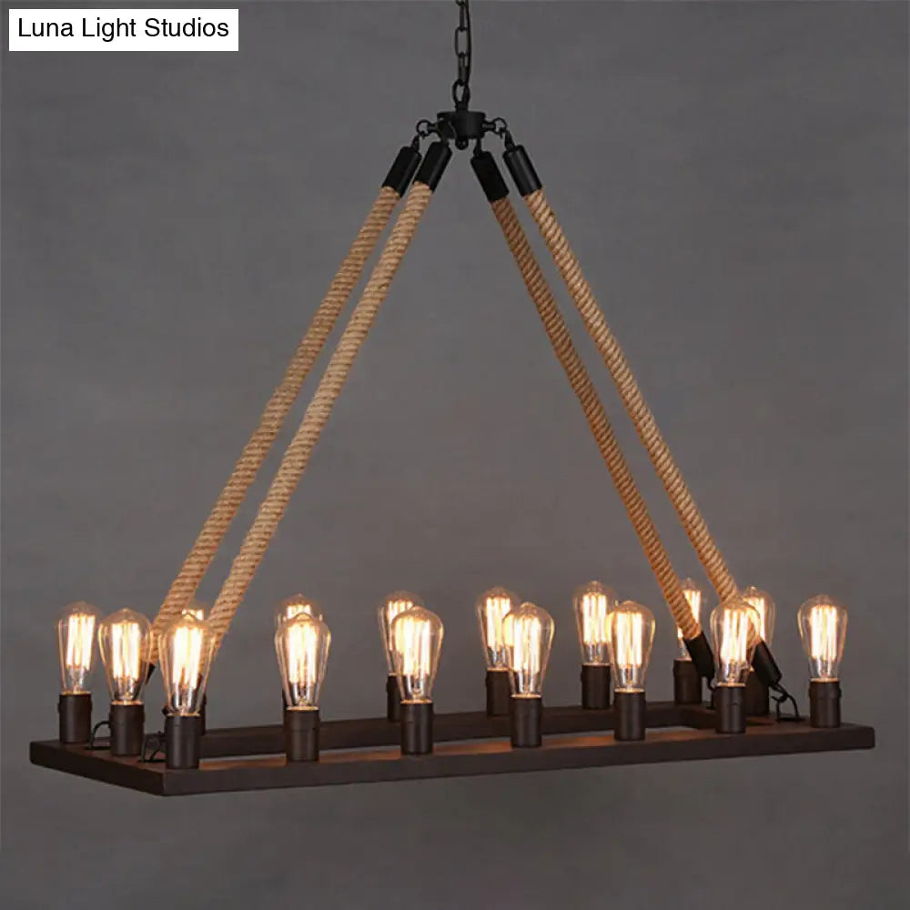 16-Head Industrial Cafe Chandelier With Hemp Rope And Iron Rectangular Suspension In Black