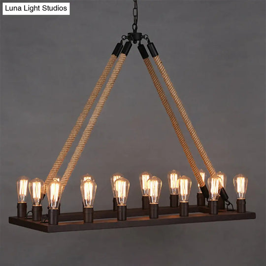 16-Head Industrial Cafe Chandelier With Hemp Rope And Iron Rectangular Suspension In Black