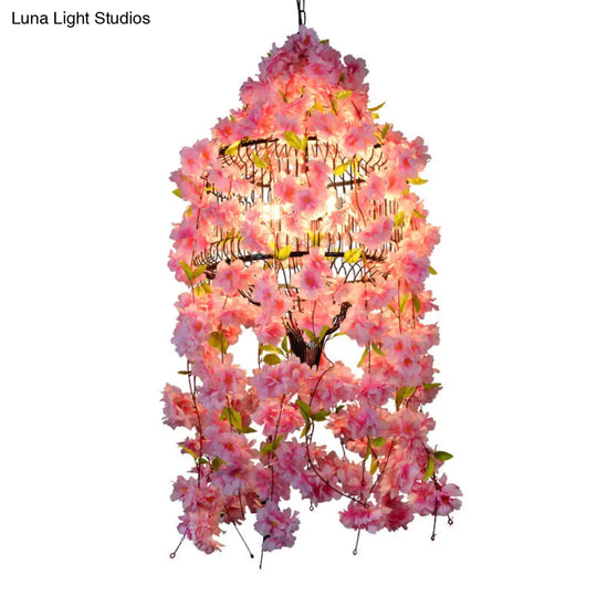 Iron Drum Cage Chandelier With Industrial Appeal 3 Lights Restaurant Flower Suspension In Pink