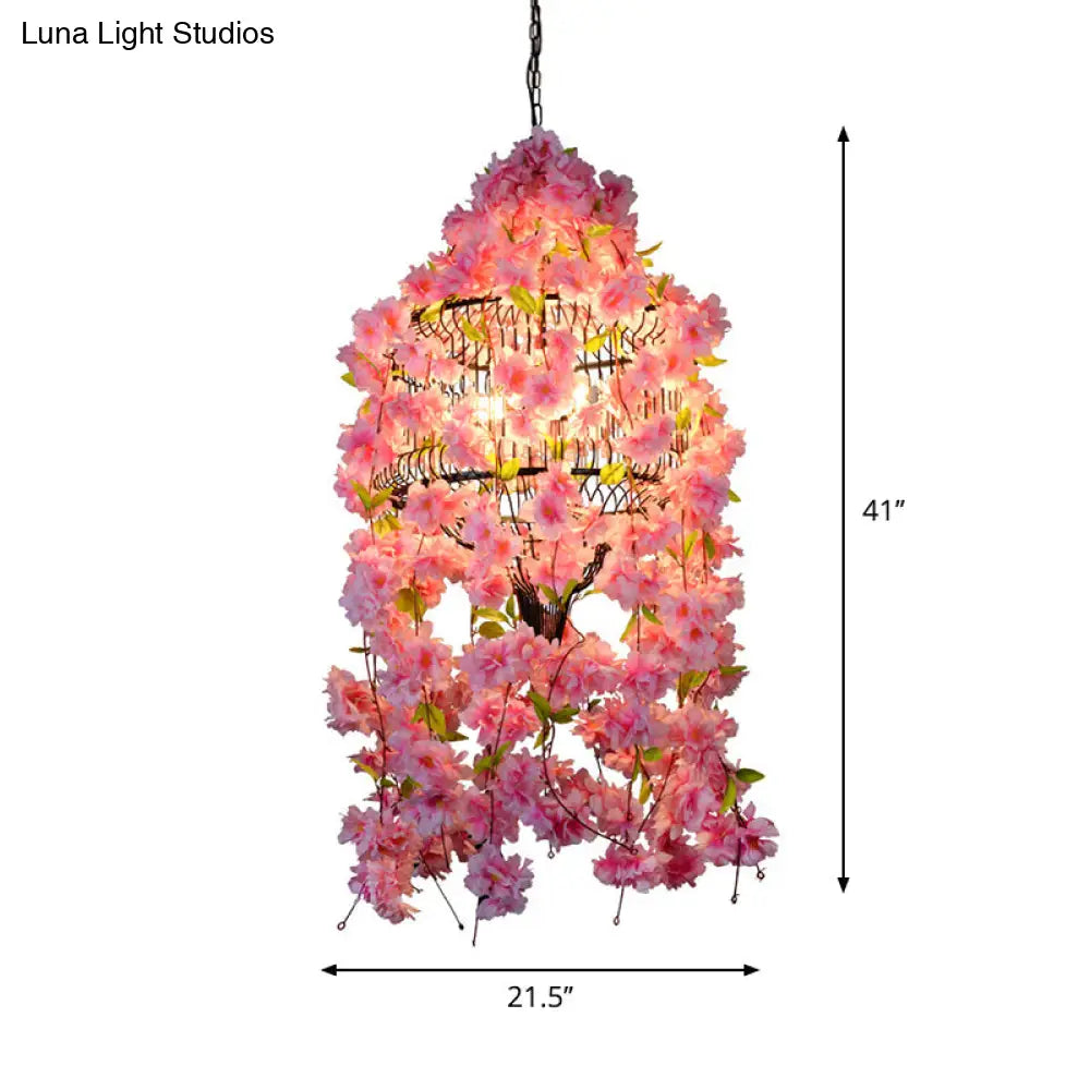 Iron Industrial Chandelier With 3 Lights And Flower Suspension In Pink - Perfect For Restaurants